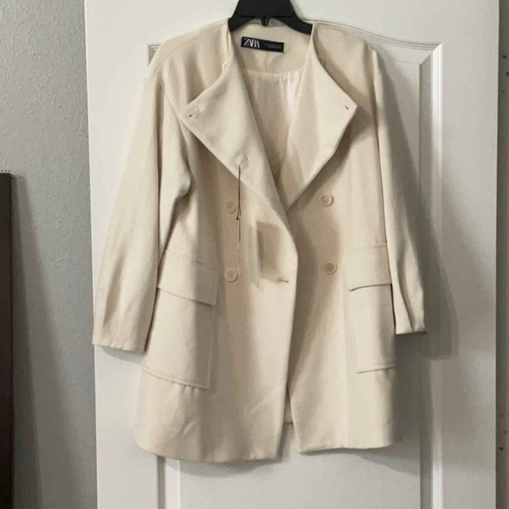 Zara Cream Pea Coat Double Breast Buttons Top Winter XS